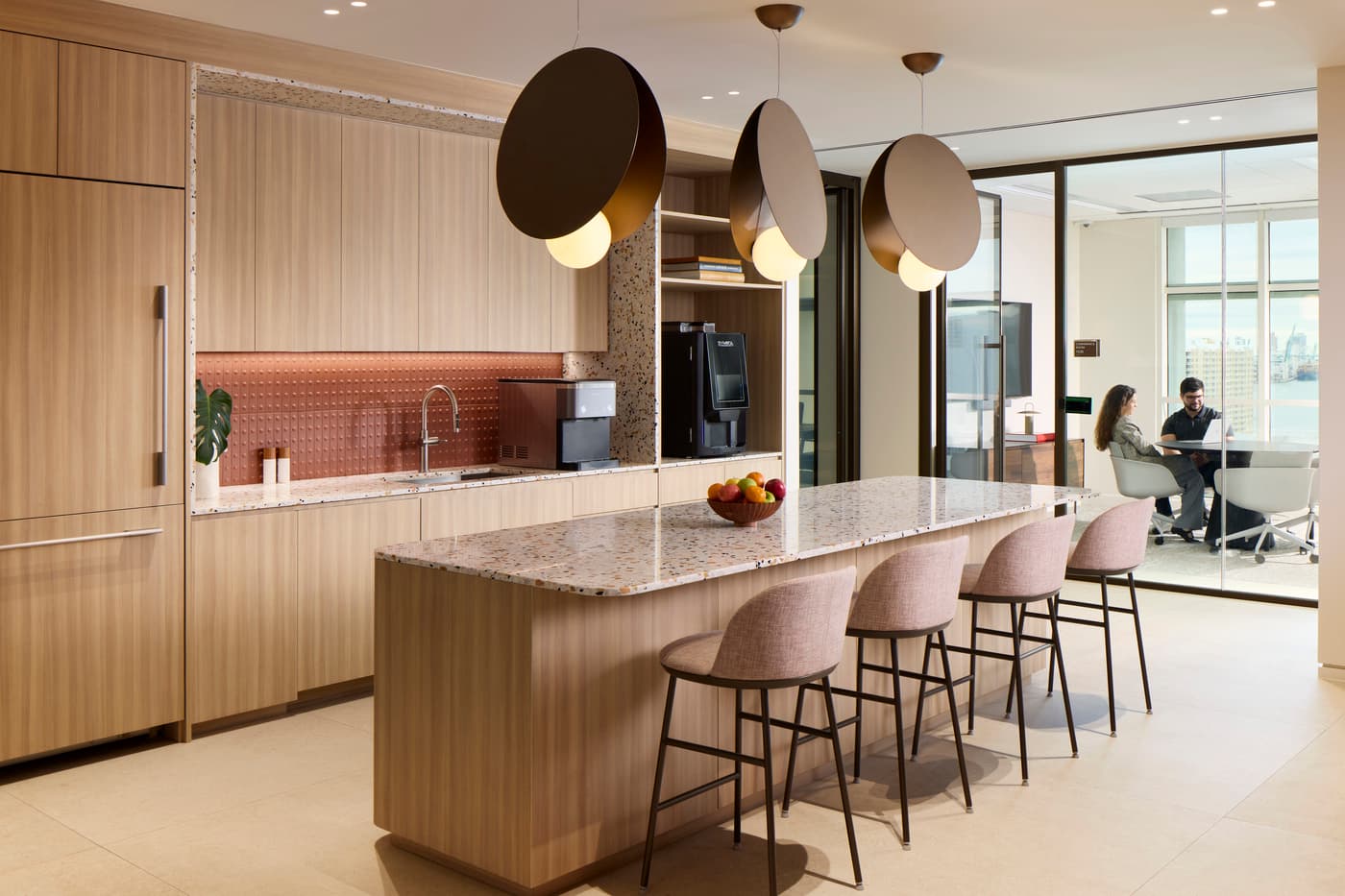 Venable's Miami office: reception with a marble desk beneath a coffered walnut ceiling, conference rooms beyond, photograph 8