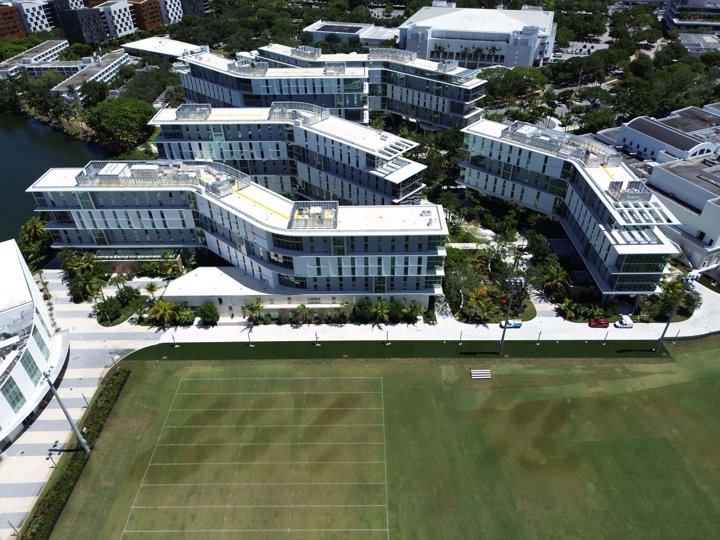 Aerial view of the University of Miami Centennial Village campus and its playing fields