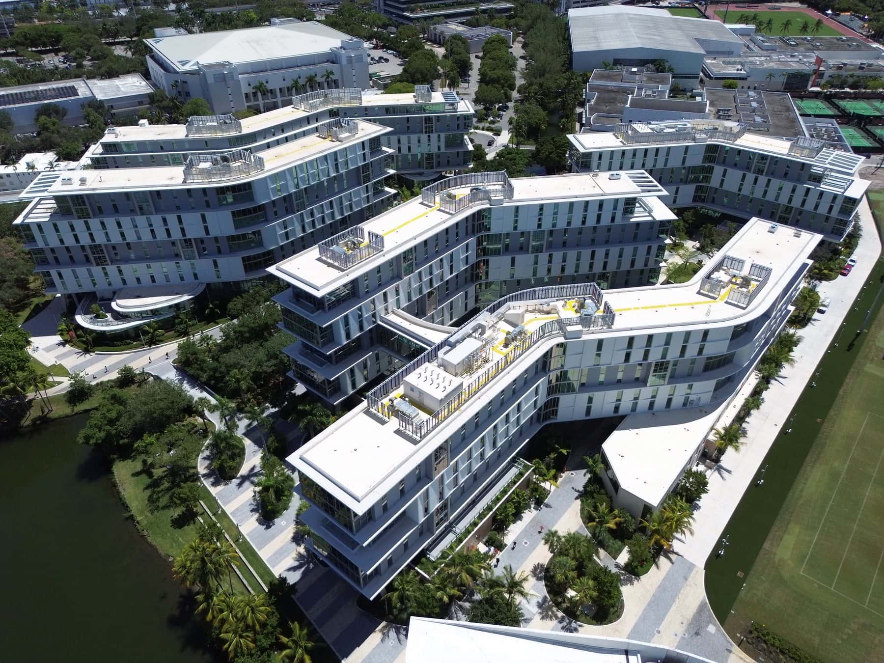 Aerial view of the completed Centennial Village student housing at the University of Miami